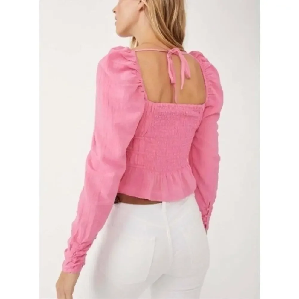 Free People Chloe Aurora Pink Smocked Peplum Sweetheart Bohemian Cropped Top